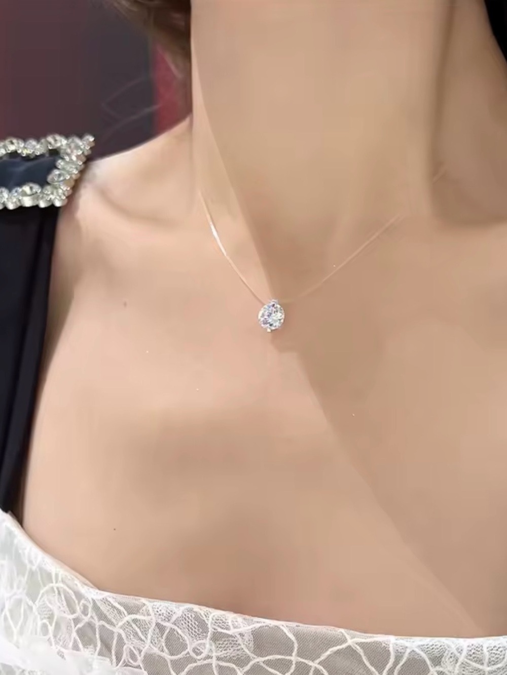 Delicate Clear Crystal Solitaire Necklace - Minimalist Women Jewelry